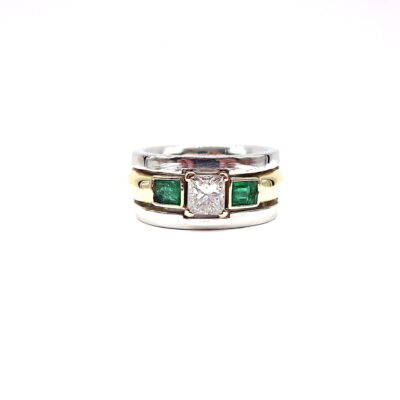Michael Moses Vault, Newport Beach Fine Jewelry Store, Two Tone Platinum/18k Yellow Gold Emerald/Diamond Ring