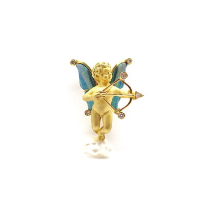 Michael Moses Vault, Newport Beach California Jewelry Store, 18k Yellow Gold Pearl Opal Cupid,18k Yellow/Gold Diamond/Opal Brooch