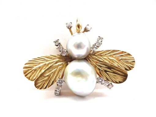 Michael Moses Vault, Newport Beach California Fine Jewelry Store,14k Yellow Gold Mabe Cultured Pearl Diamond Bee Brooch