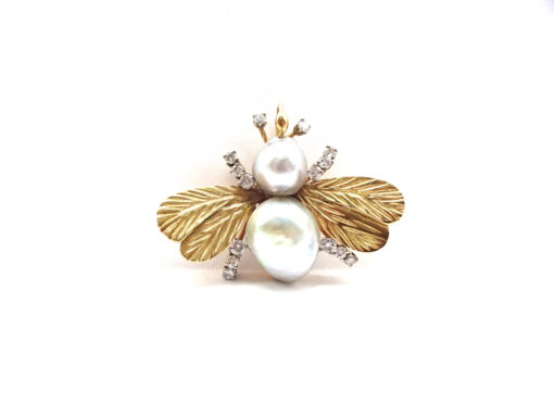 Michael Moses Vault, Newport Beach California Fine Jewelry Store,14k Yellow Gold Mabe Cultured Pearl Diamond Bee Brooch