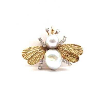 Michael Moses Vault, Newport Beach California Fine Jewelry Store,14k Yellow Gold Mabe Cultured Pearl Diamond Bee Brooch